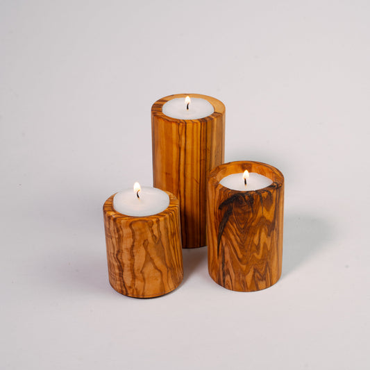 Teelichthalter Turm 3er Set aus Olivenholz